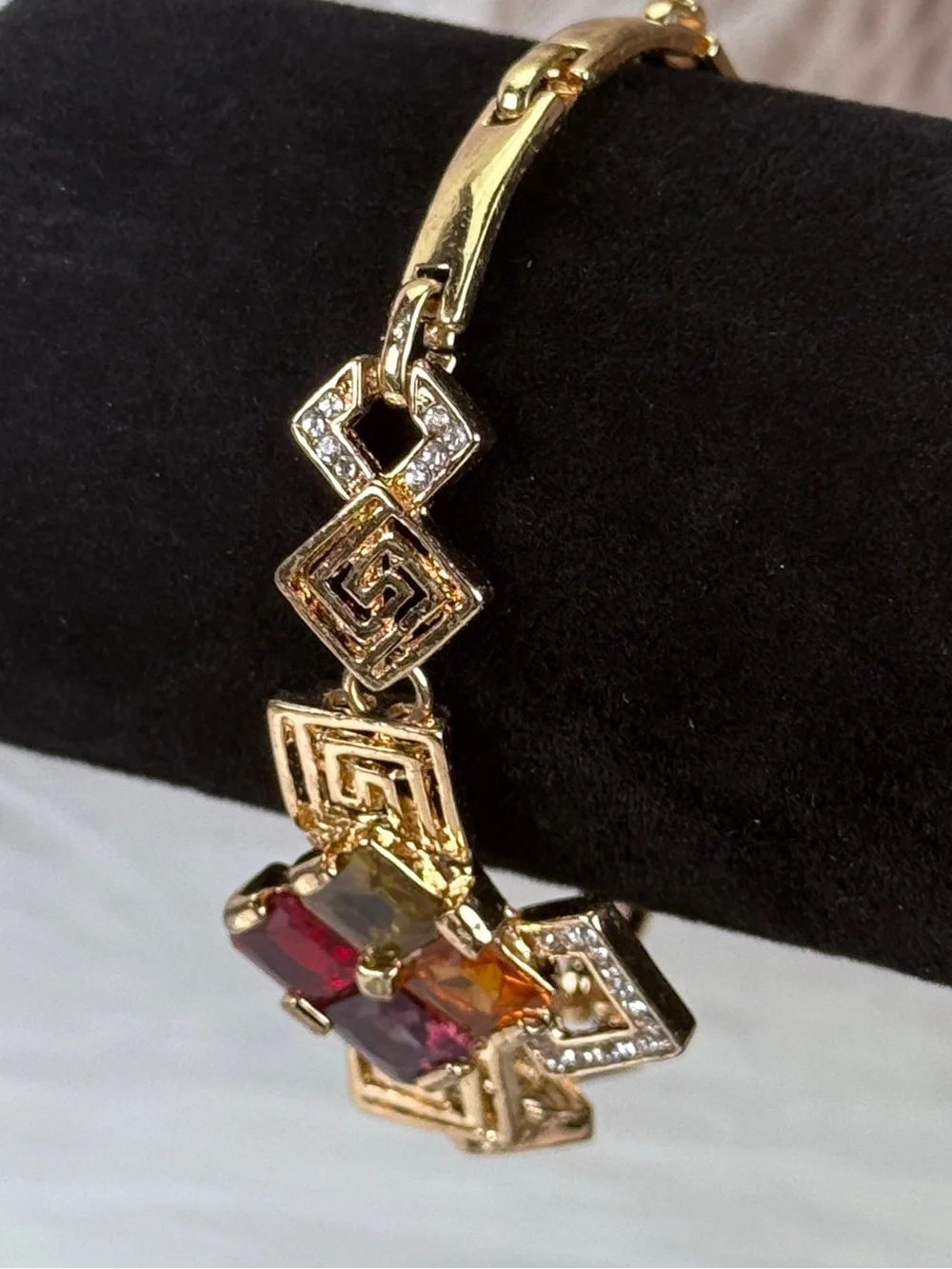 Vintage Geometric Goldtone Bracelet Multicolor Faceted Stones Greek Key Links